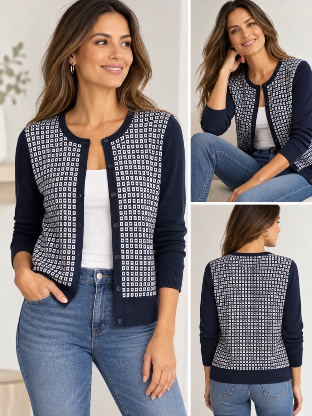 Lands’ End Supima Cotton Cardigan Women L 14-16 Navy White Geometric Preppy